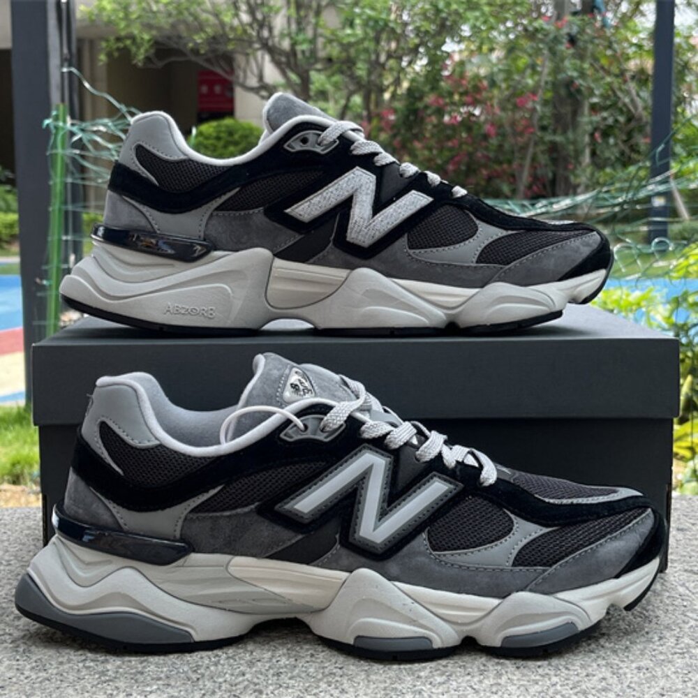 New Balance 9060 Black, Grey, And White Suede Sneakers